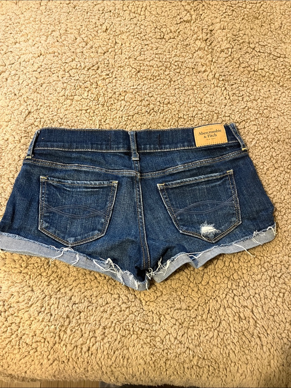 Abercrombie & Fitch Navy Blue Distressed Denim Shorts with 'A' Patch - Picture 3 of 3